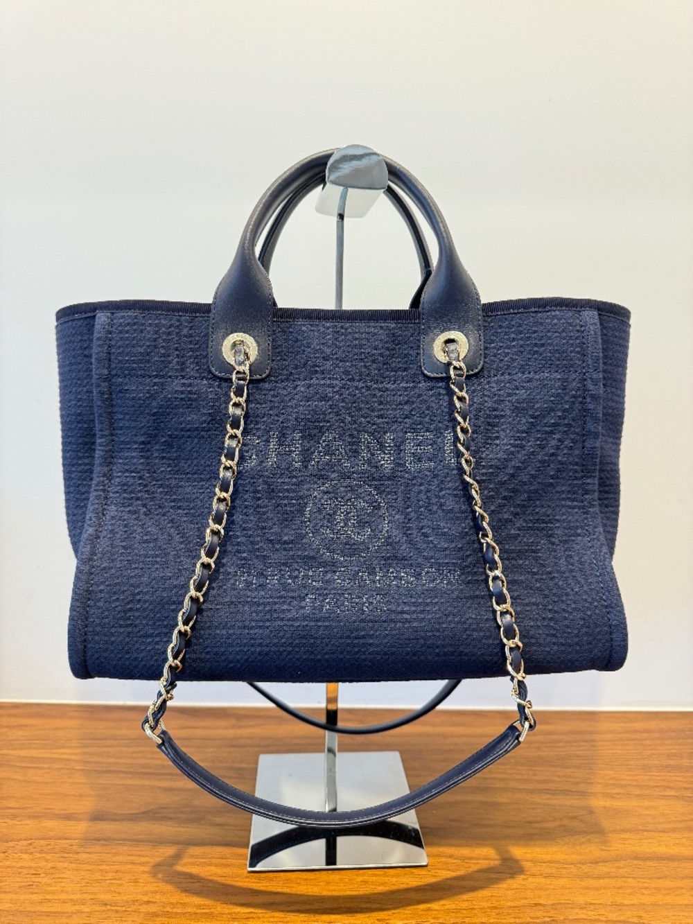 Chanel Navy Blue Mixed Fibers Small Deauville Tote Pre-Owned